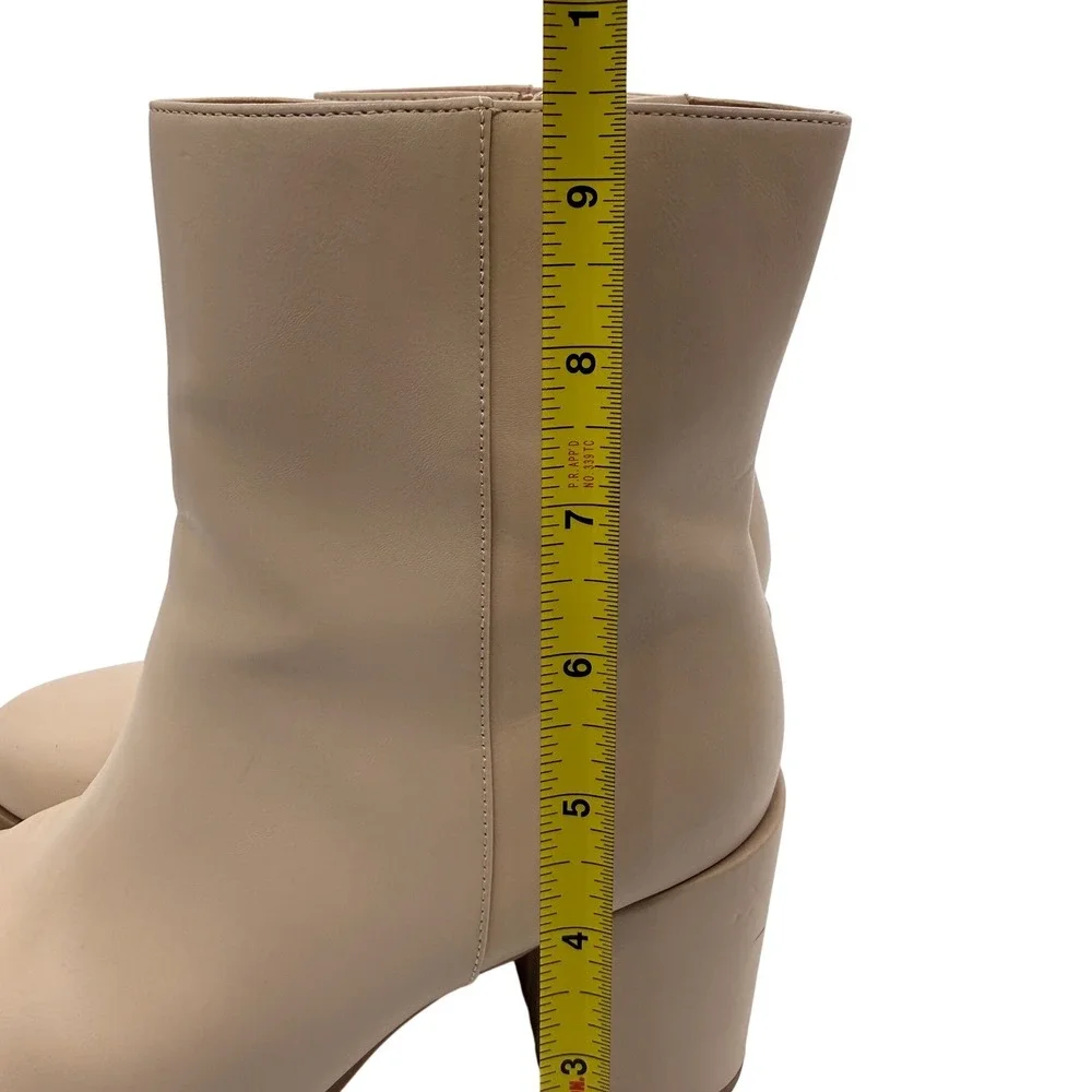 Ankle Boots Women 9 Beige‎ Block Heel Side Zip Round Toe Minimalist Casual